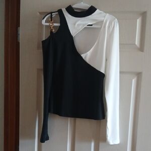 Black and White Asymmetrical Women's Top